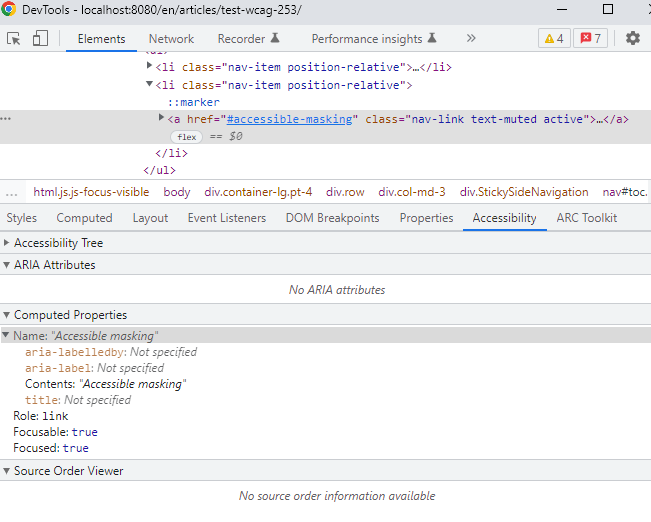 Chrome Developer Tools panels with Accessibility tree open