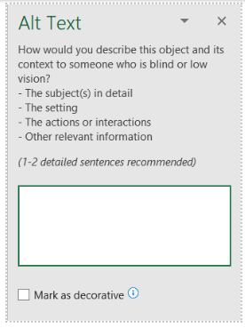 The replacement text window offers 2 areas: 1 field to enter the replacement text, 1 check box to mark as decorative