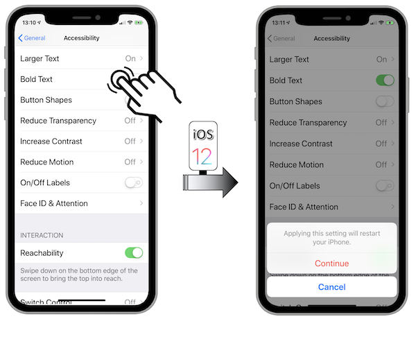 Access illustration via Settings - General - Accessibility - Bold Text