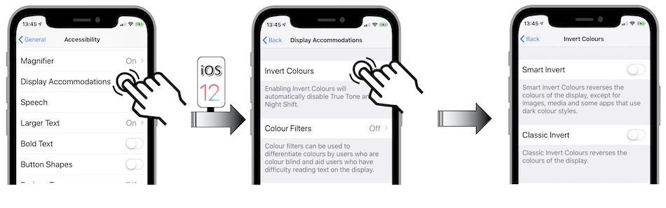 Access illustration via Settings - General - Accessibility - Display Accomodations - Invert Colours - Smart Invert