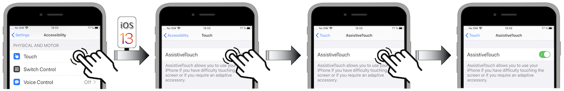 Access illustration via Settings - Accessibility - Touch - AssistiveTouch - AssistiveTouch