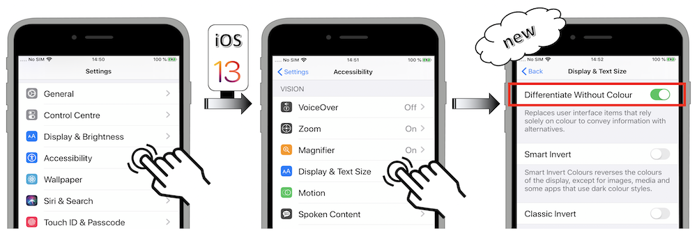 Access illustration via Settings - Accessibility - Display & Text Size - Differentiate Without Colour