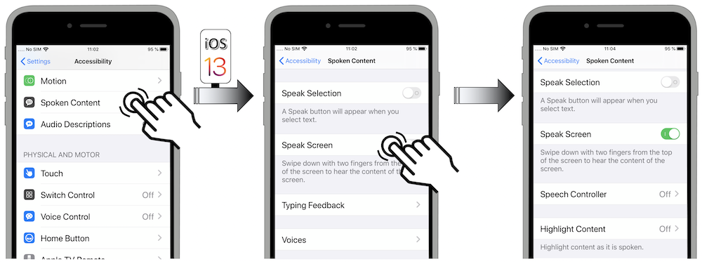 Access illustration via Settings - Accessibility - Spoken Content - Speak Screen