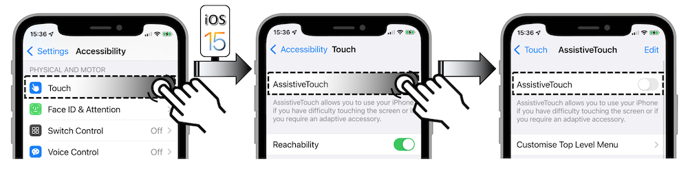 Access illustration via Settings - Accessibility - Touch - AssistiveTouch - AssistiveTouch