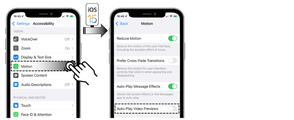 Access illustration via Settings - Accessibility - Motion - Auto-play Video Previews