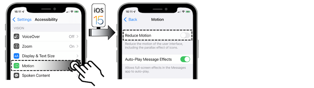 Access illustration via Settings - Accessibility - Motion - Reduce Motion