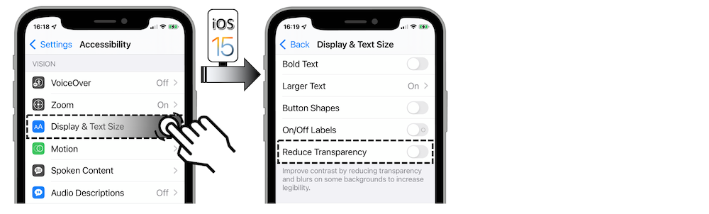 Access illustration via Settings - Accessibility - Display & Text Size - Reduce Transparency