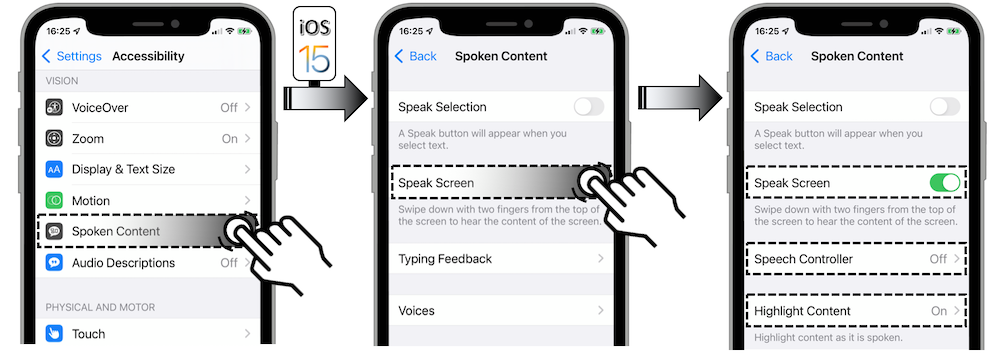 Access illustration via Settings - Accessibility - Spoken Content - Speak Screen