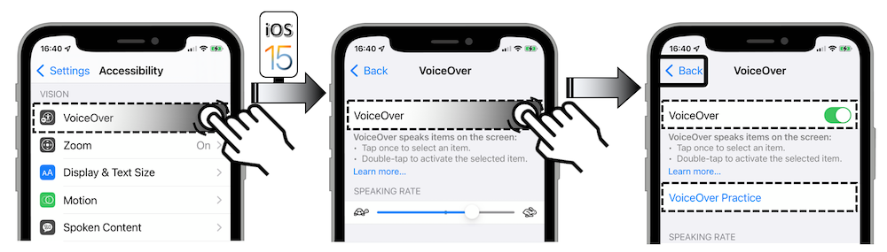 Access illustration via Settings - Accessibility - VoiceOver - VoiceOver