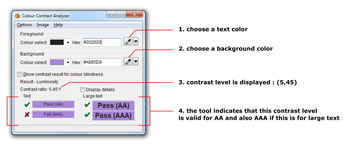 Screenshot of the Colour Contrast Analyser tool