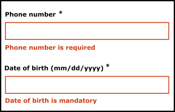 screenshot of a form that displays relevant error messages