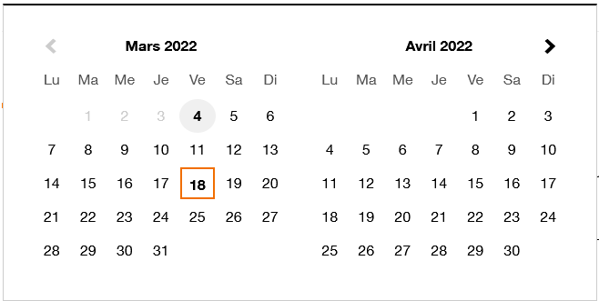 Capture d'écran d'un composant de type datepicker, la date du jour et la date en cours de sélection sont mises en évidence via un changement de couleur.