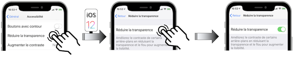 Illustration d'accès via le menu Réglages - Général - Accessibilité - Réduire la transparence